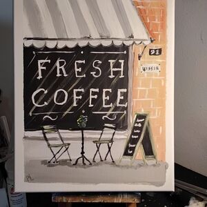 Charming Coffee Shop Canvas Art in Black and Cream